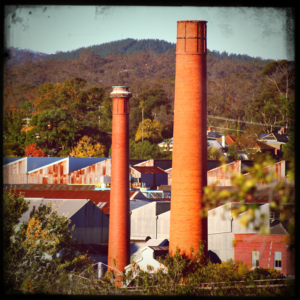 Twin Chimneys of Thompsons former foundry in the background and the Old Woollen Mill Castlemaine